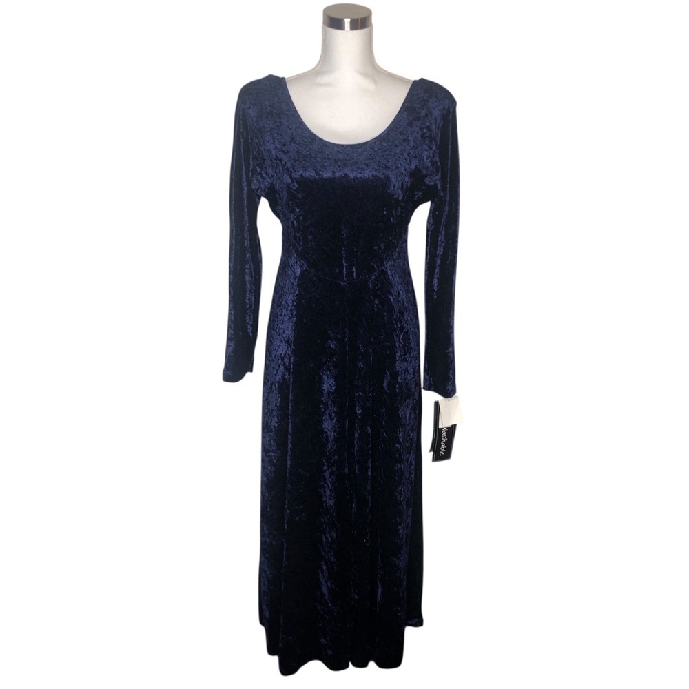 VINTAGE 90s NOS All That Jazz Blue Crushed Velvet Velour Midi Dress S Goth Witch